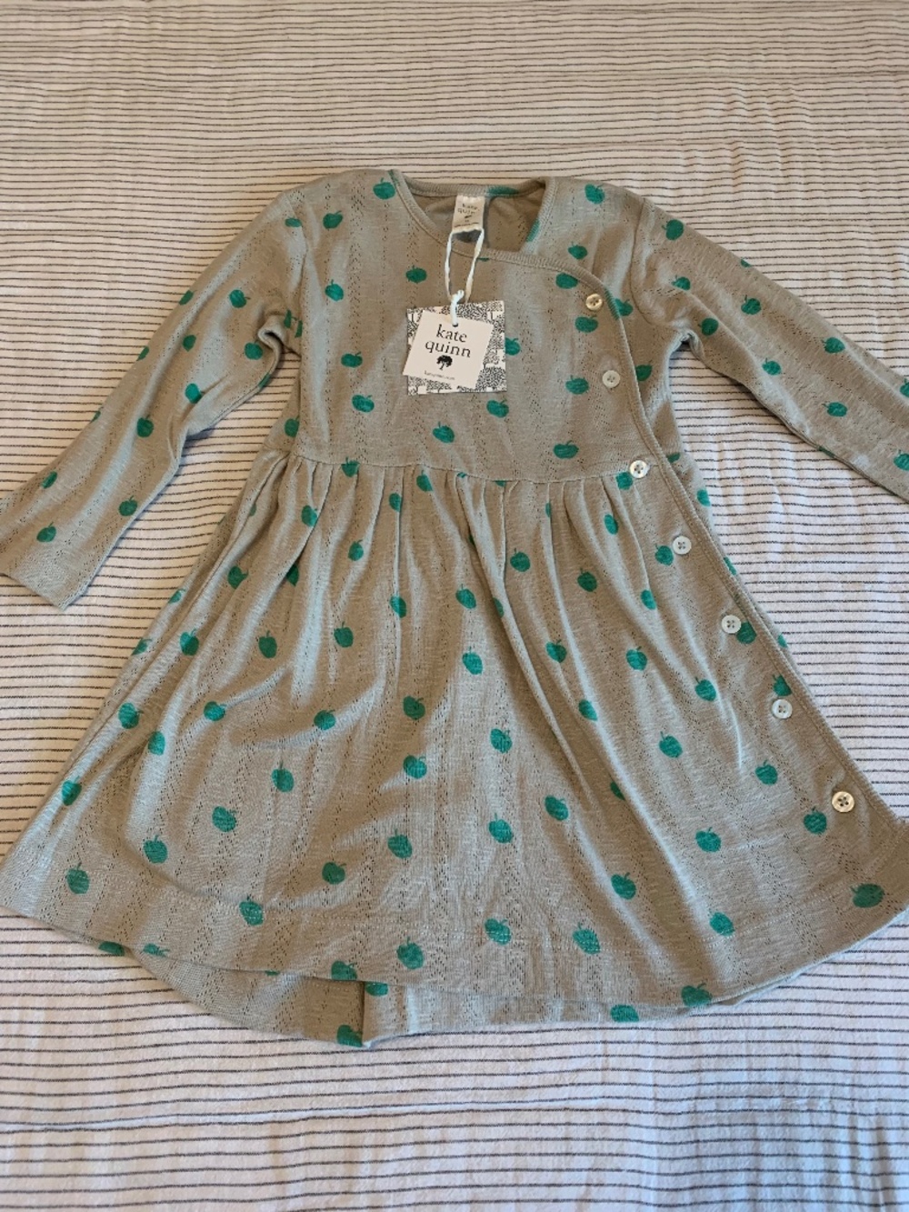 NWT Kate Quinn 100% organic cotton pointelle dress in a grey green apple | 3Y